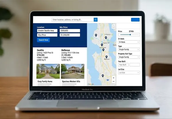 a laptop screen showing the real estate website with its various location search features