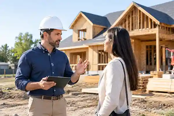 a local home builder talking to a person in front of a home