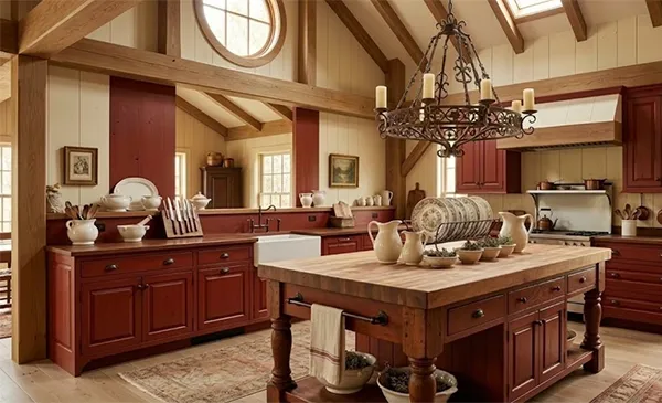 a reddish brown kitchen with beautiful antique designs