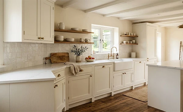a warm white color palette kitchen