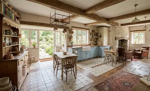 a wider view of a cottage style kitchen