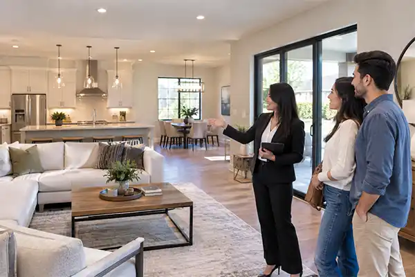 a woman showing the house to a couple