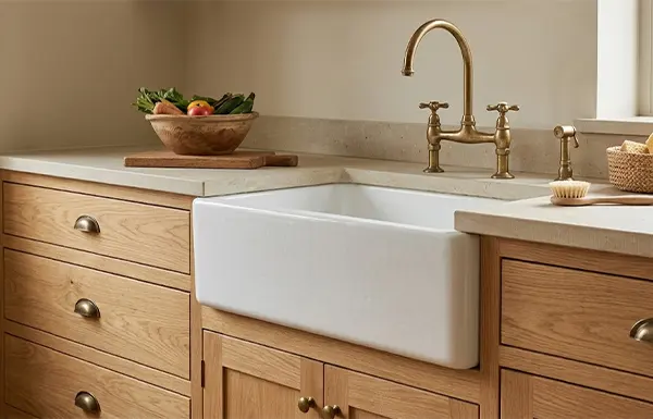 an apron front white sink mounted on a countertop