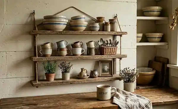 an open shelf hung in a kitchen
