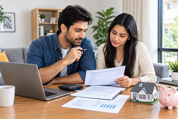 two people checking some documents a small piggy bank and some documents and a laptop placed on the table